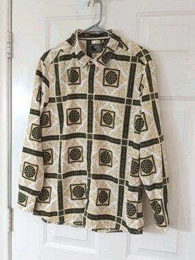 Level Ten Couture Mens White Gold Baroque Greek Key Print Rayon Button Down Sz S